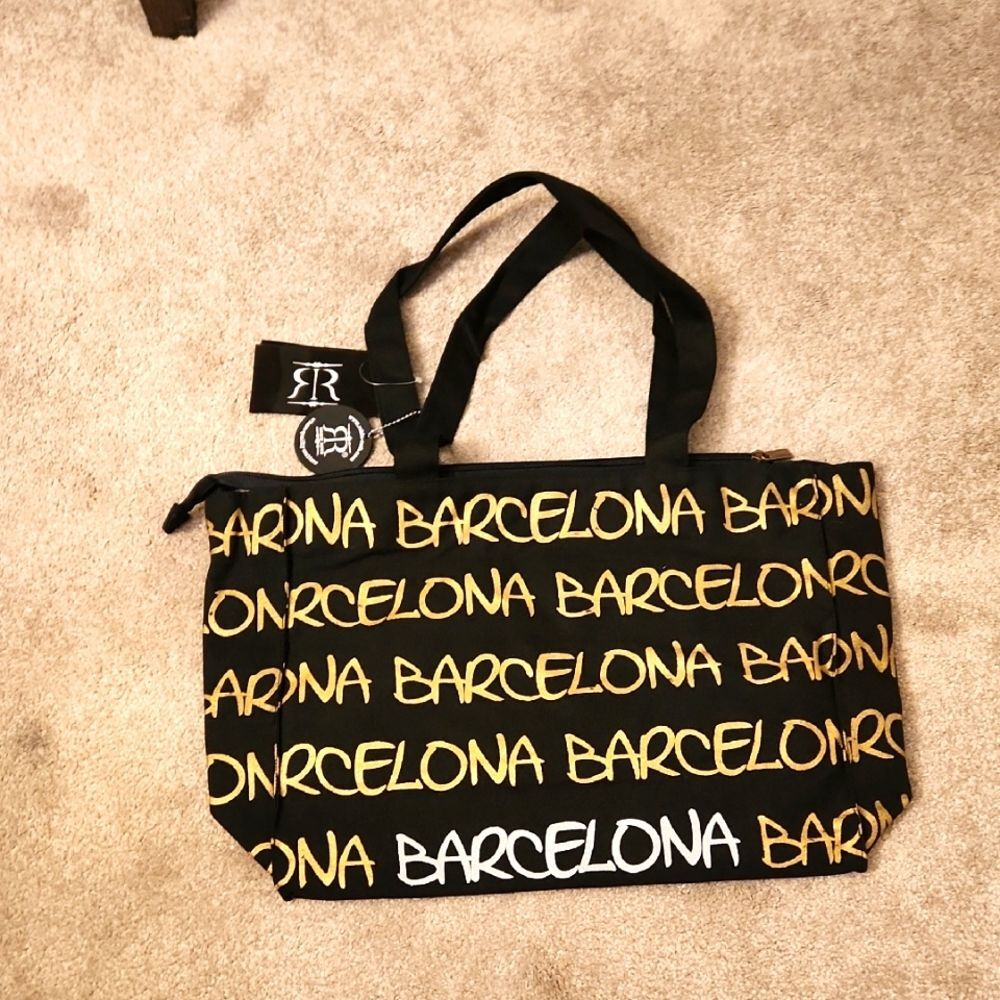 Robin Ruth "Barcelona" Black Tote Bag w/ Gold & Silver Lettering NWT